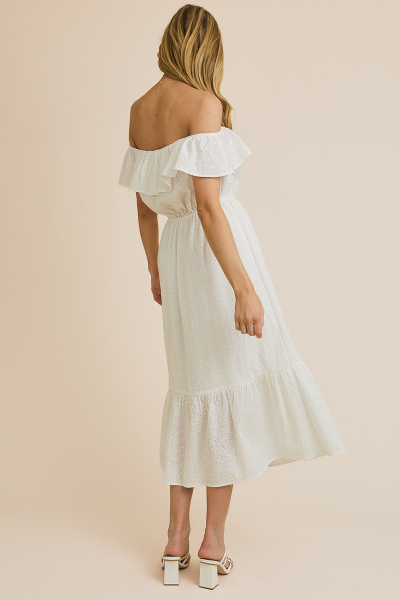 OFF SHOULDER EYELET MAXI DRESS - WHITE