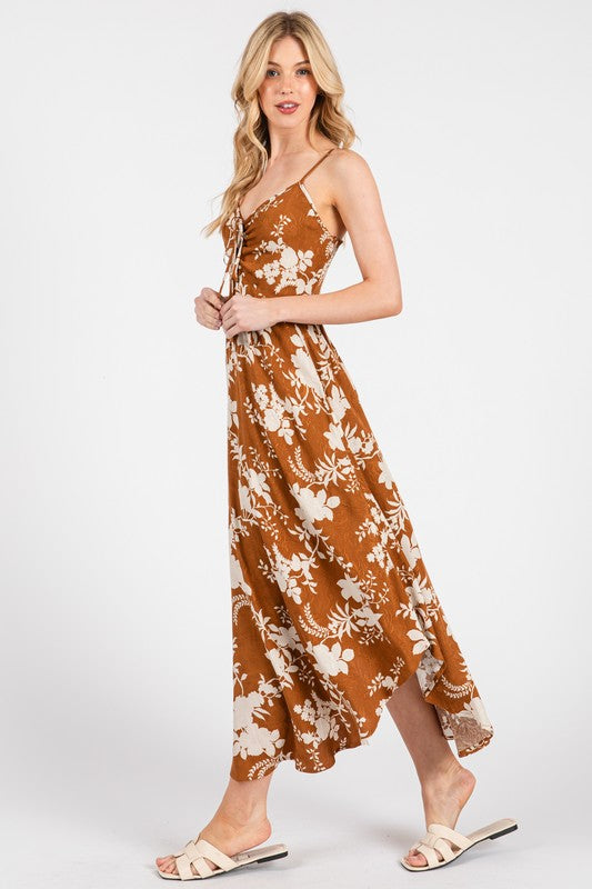 FLORAL PRINT RUCHED SLIP DRESS - CARAMEL