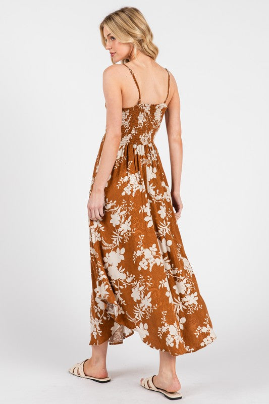FLORAL PRINT RUCHED SLIP DRESS - CARAMEL