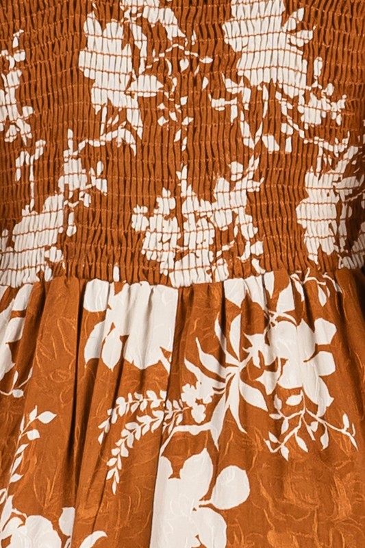 FLORAL PRINT RUCHED SLIP DRESS - CARAMEL