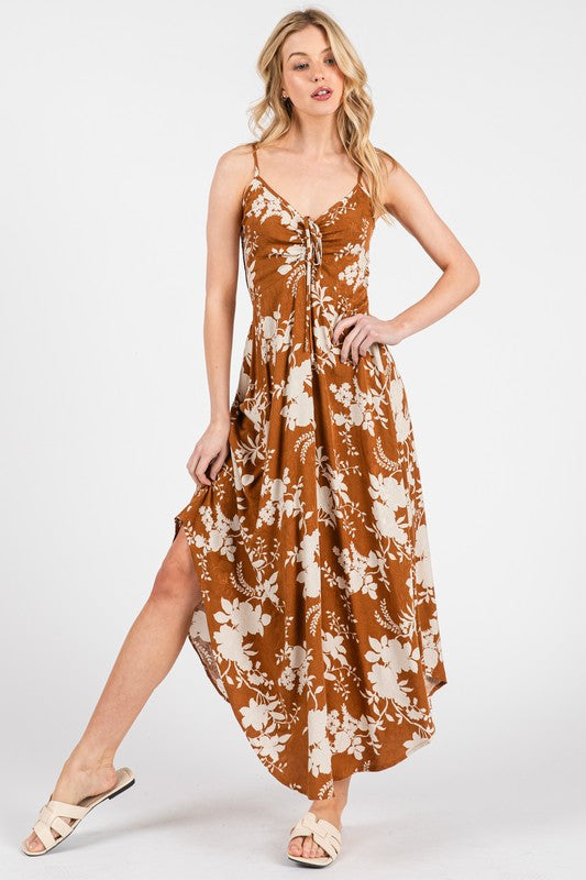 FLORAL PRINT RUCHED SLIP DRESS - CARAMEL