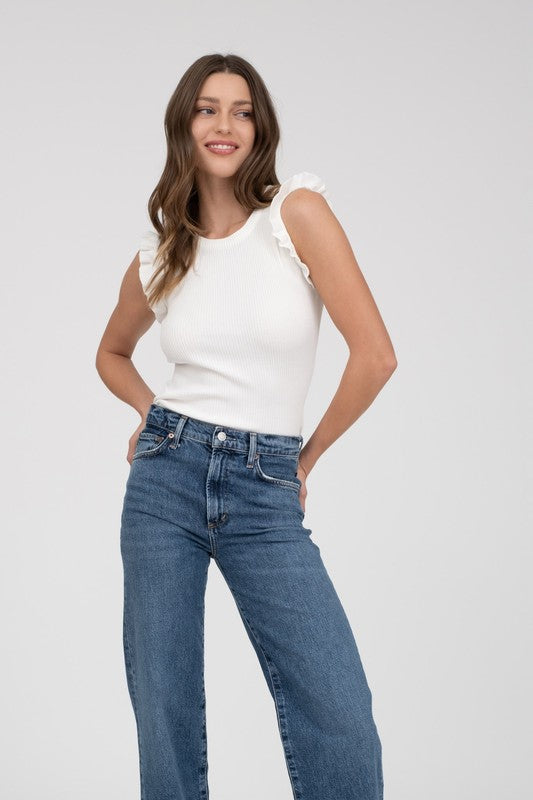 RUFFLE SLEEVELESS SWEATER TOP - WHITE