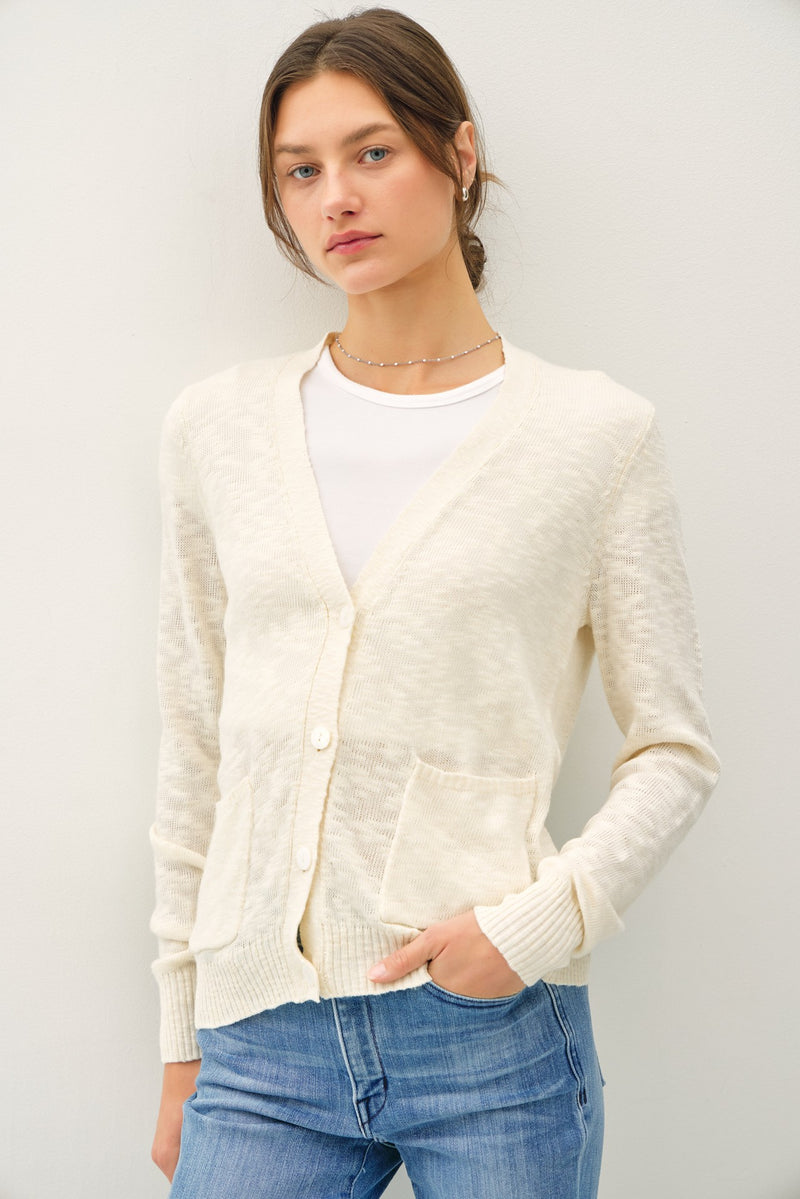 COTTON SLUB V-NECK CARDIGAN - OFF WHITE