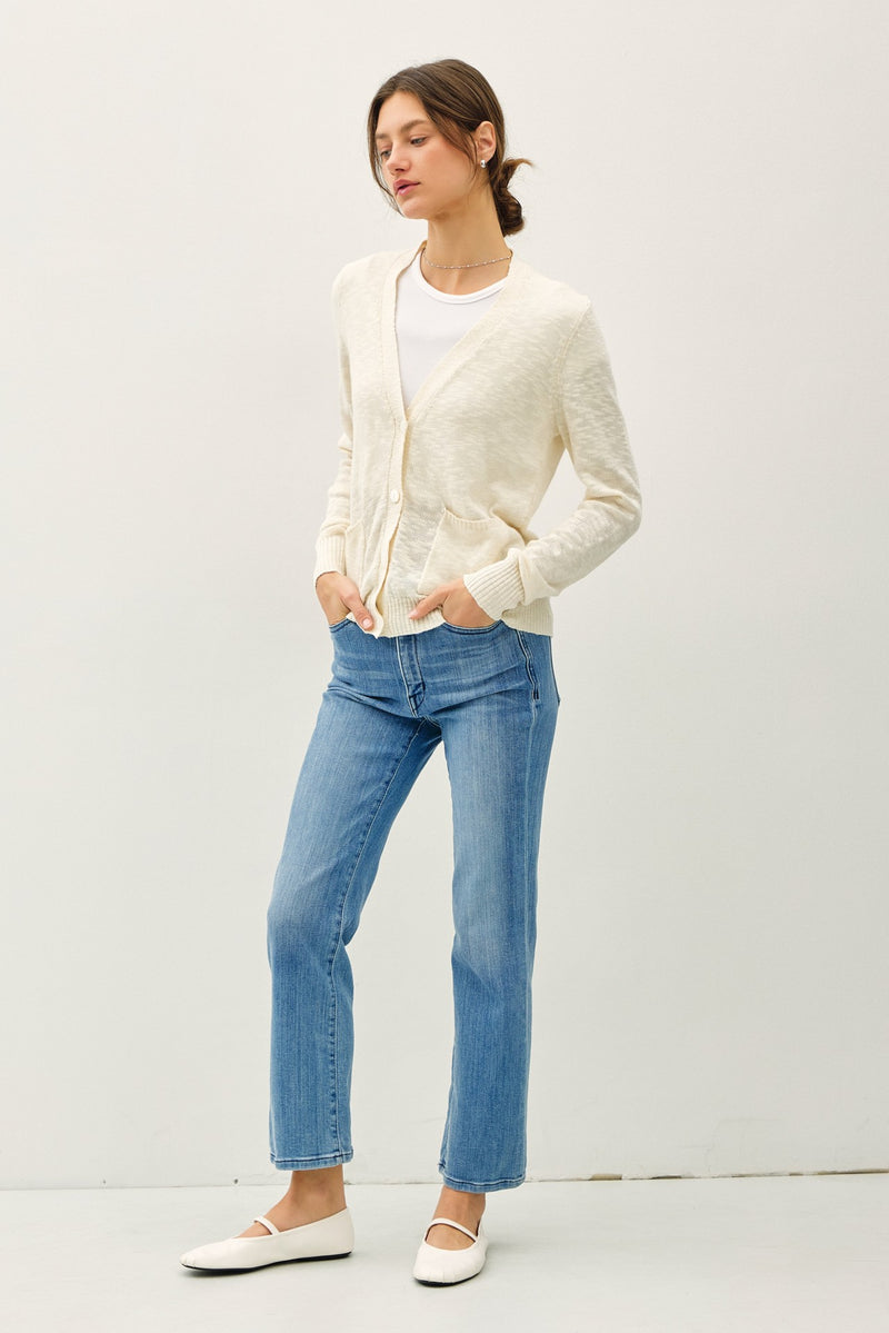 COTTON SLUB V-NECK CARDIGAN - OFF WHITE