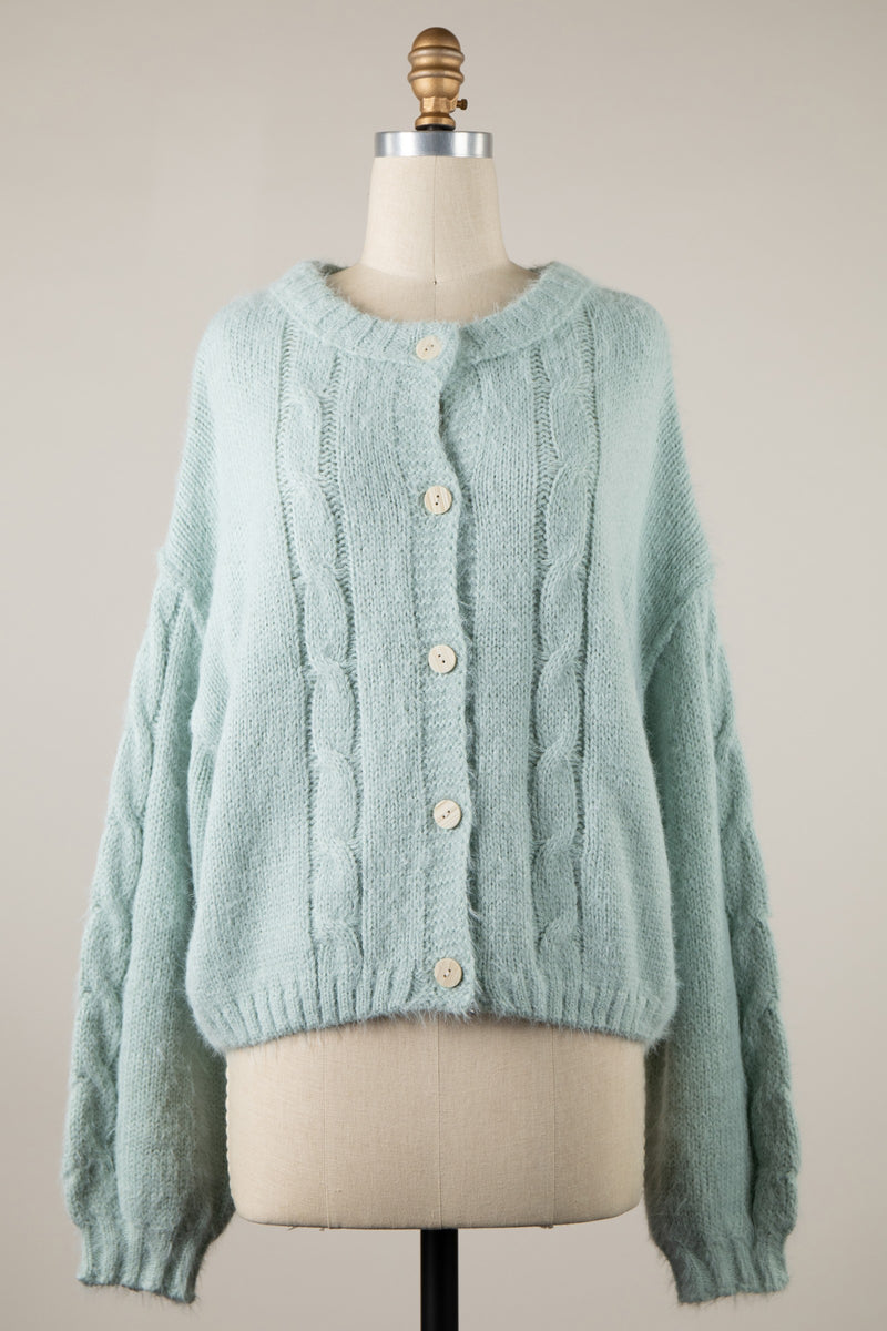 CABLE KNIT CROPPED CARDIGAN - SAGE