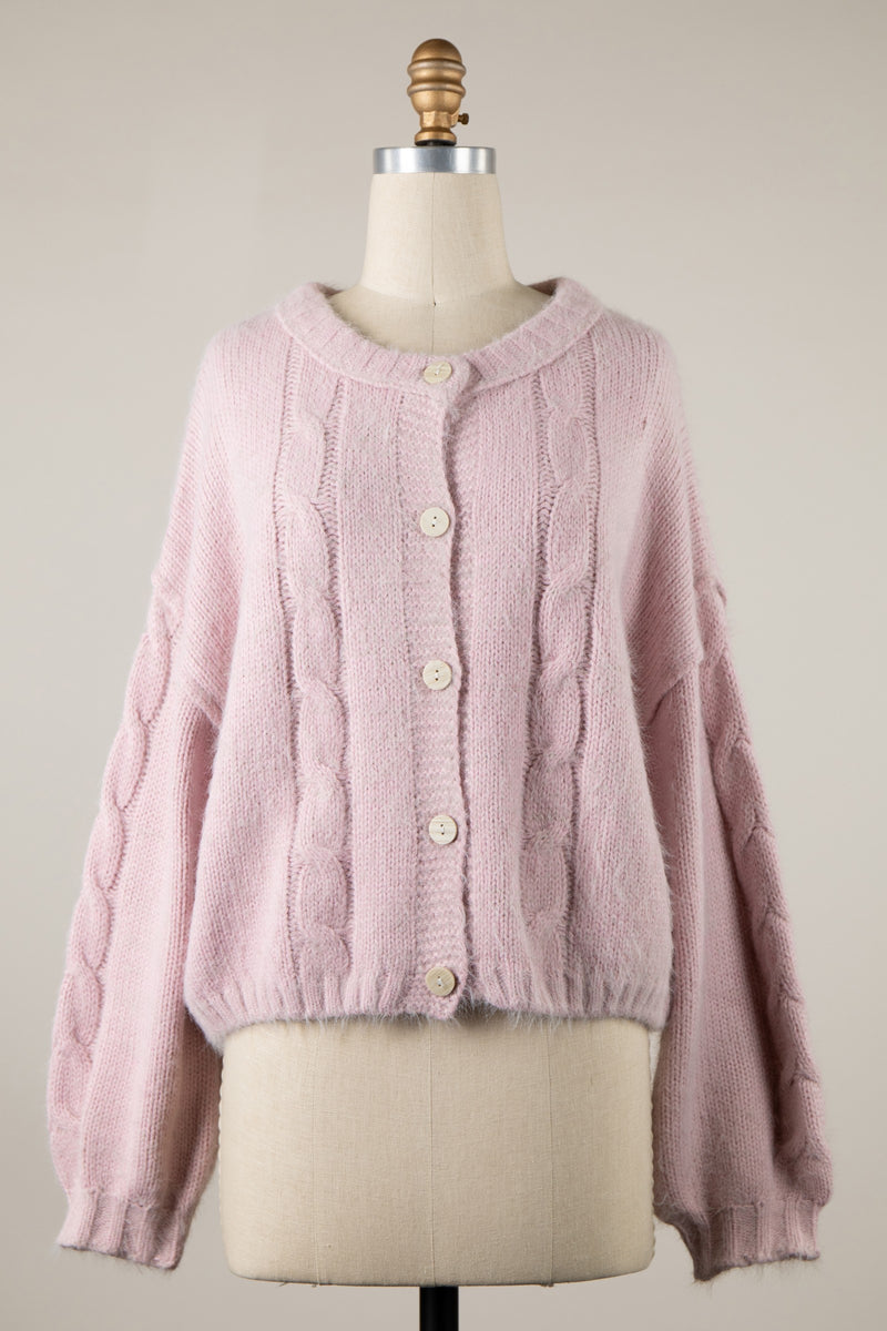 CABLE KNIT CROPPED CARDIGAN - BLUSH