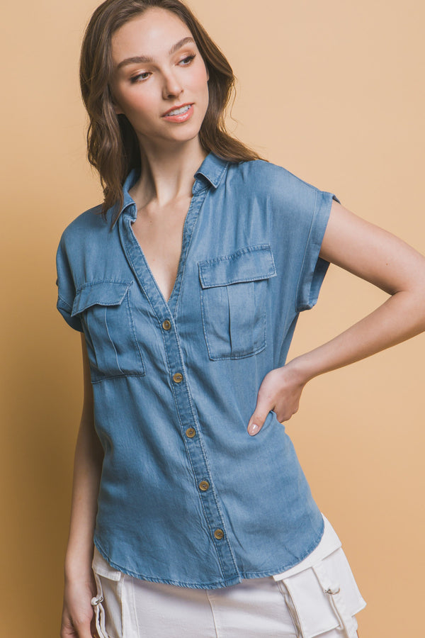 SHORT SLEEVE TENCEL SHIRT - BLUE