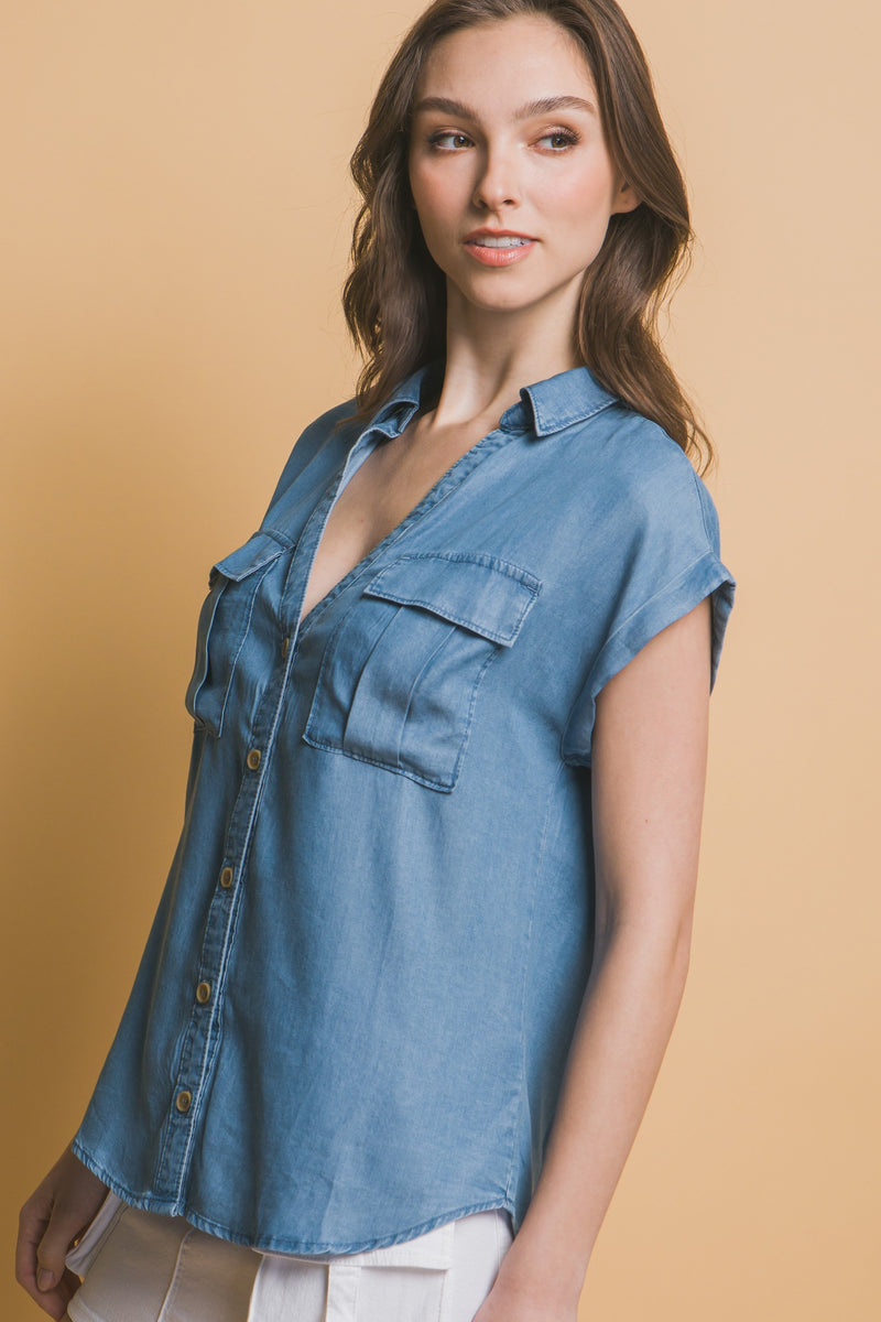 SHORT SLEEVE TENCEL SHIRT - BLUE