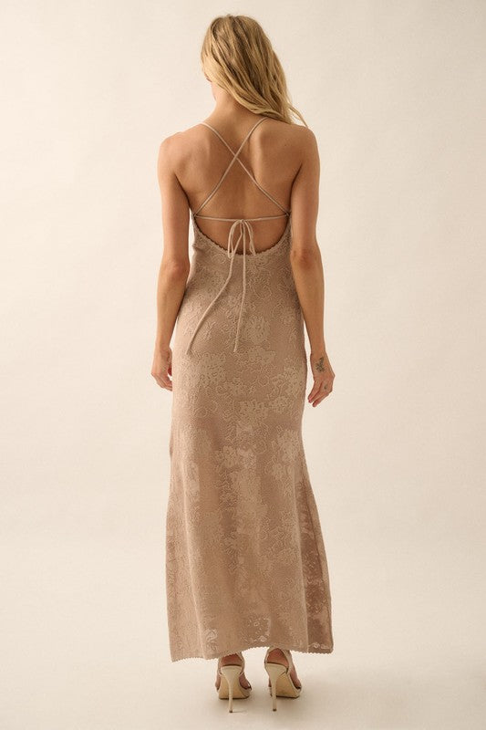 CROCHET KNIT LACE MAXI DRESS - SAND