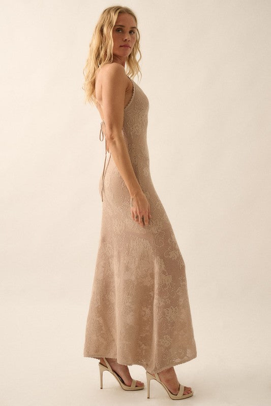 CROCHET KNIT LACE MAXI DRESS - SAND