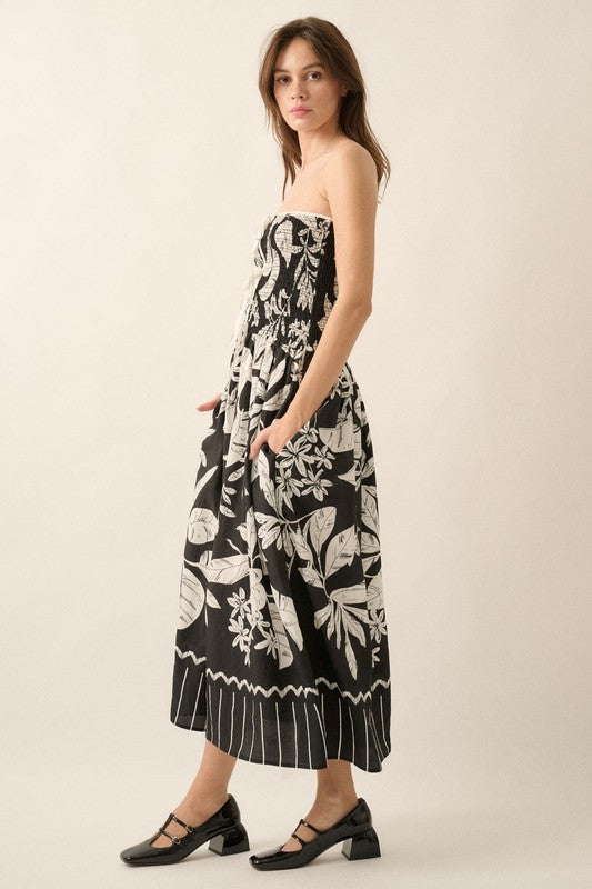 TROPICAL FLORAL STRAPLESS MIDI DRESS - BLACK/OFF WHITE