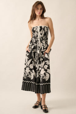 TROPICAL FLORAL STRAPLESS MIDI DRESS - BLACK/OFF WHITE
