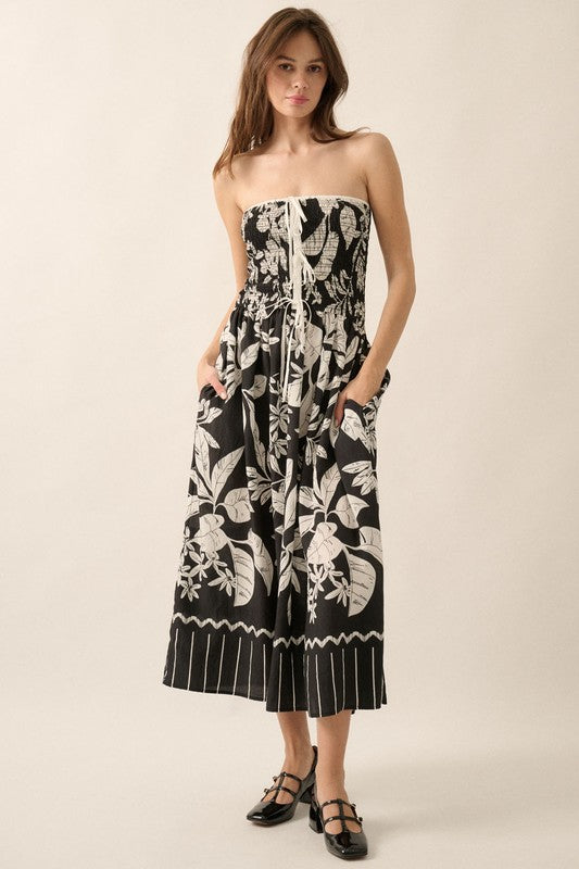 TROPICAL FLORAL STRAPLESS MIDI DRESS - BLACK/OFF WHITE