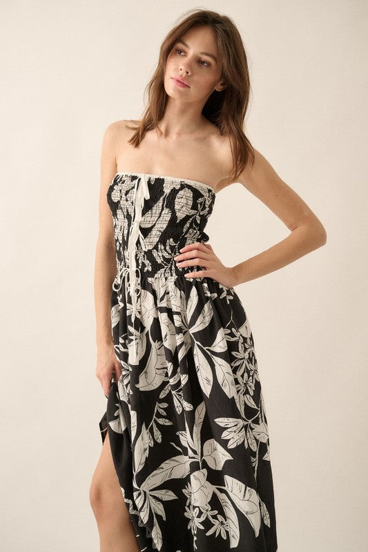 TROPICAL FLORAL STRAPLESS MIDI DRESS - BLACK/OFF WHITE
