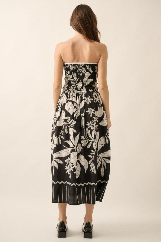 TROPICAL FLORAL STRAPLESS MIDI DRESS - BLACK/OFF WHITE