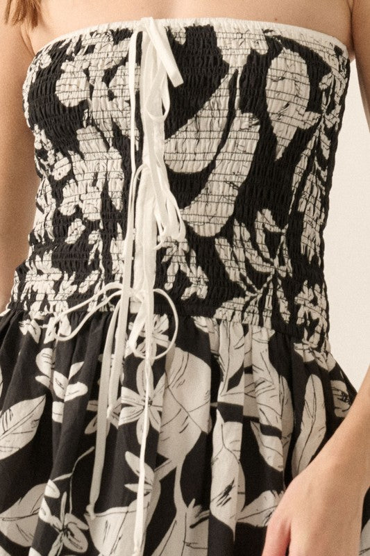 TROPICAL FLORAL STRAPLESS MIDI DRESS - BLACK/OFF WHITE