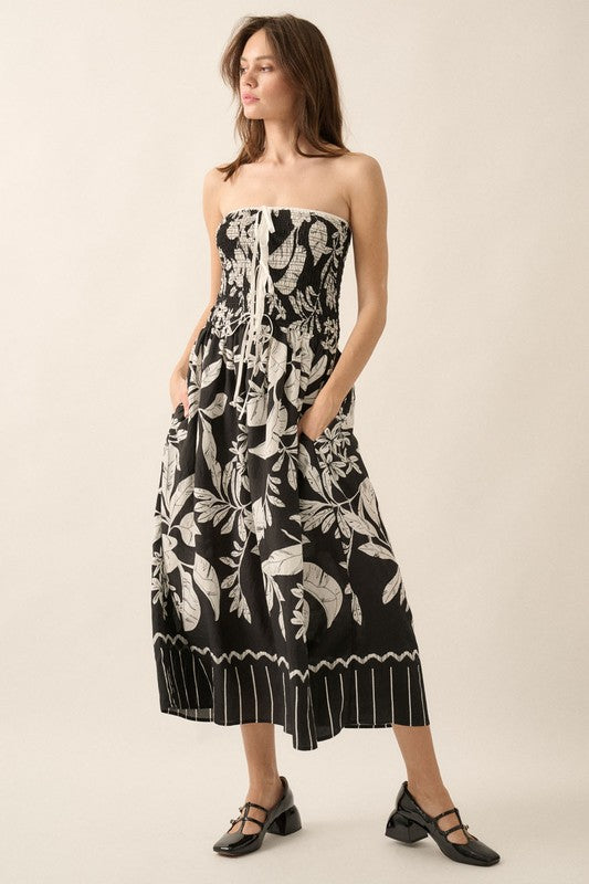 TROPICAL FLORAL STRAPLESS MIDI DRESS - BLACK/OFF WHITE