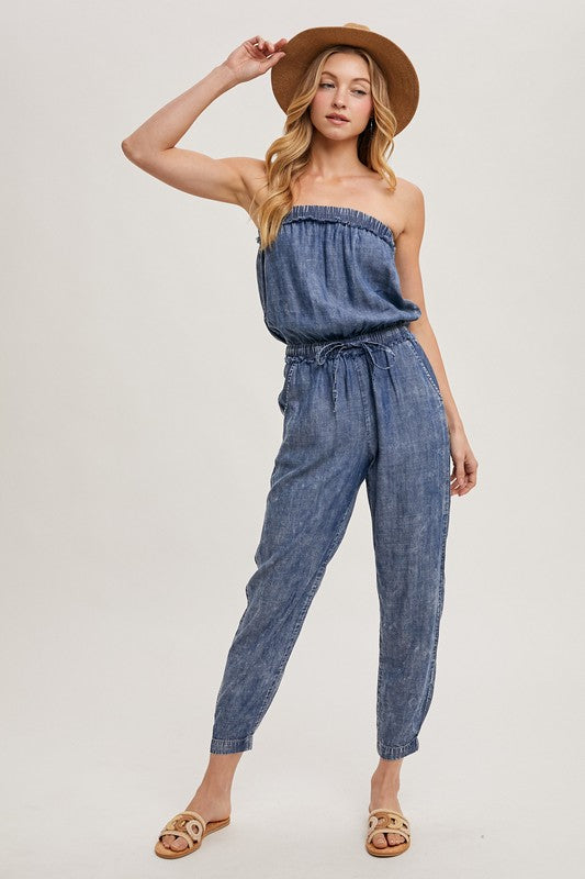 ACID WASH STRAPLESS JUMPSUIT - WASHED DENIM