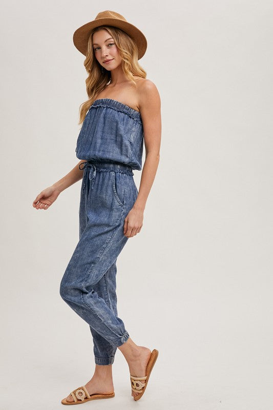 ACID WASH STRAPLESS JUMPSUIT - WASHED DENIM