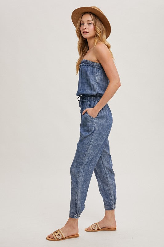 ACID WASH STRAPLESS JUMPSUIT - WASHED DENIM