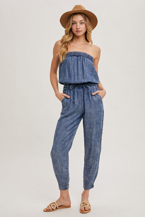 ACID WASH STRAPLESS JUMPSUIT - WASHED DENIM