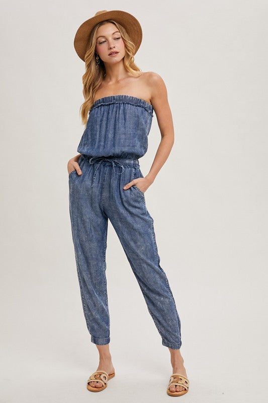 ACID WASH STRAPLESS JUMPSUIT - WASHED DENIM