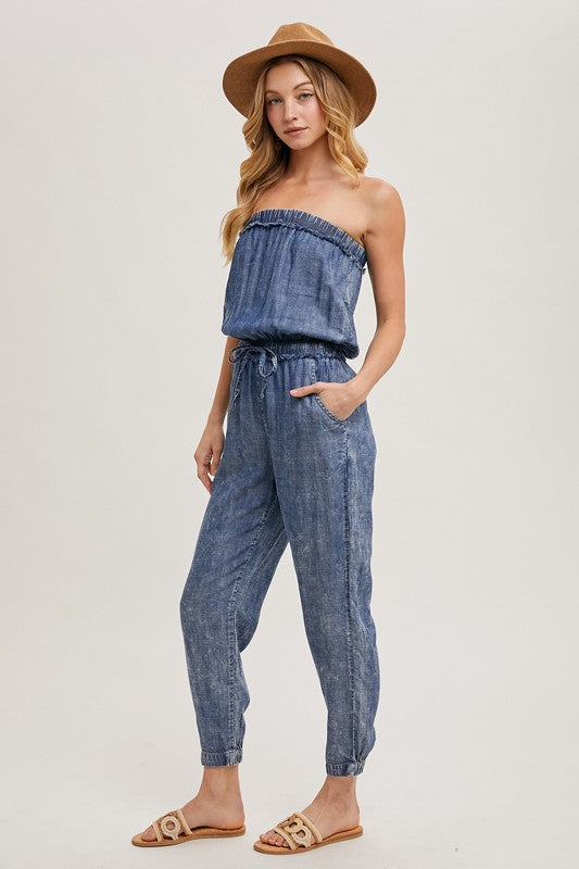 ACID WASH STRAPLESS JUMPSUIT - WASHED DENIM