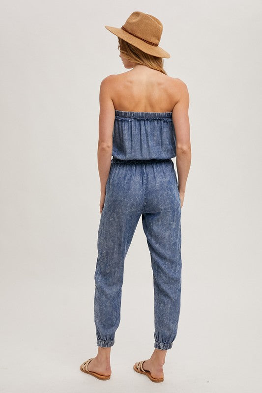 ACID WASH STRAPLESS JUMPSUIT - WASHED DENIM