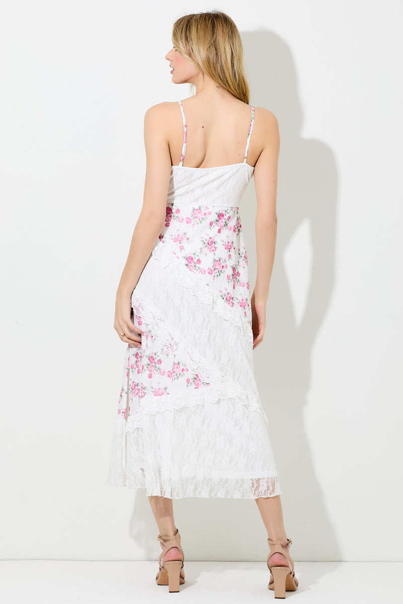 FLORAL LACE TIERED MAXI DRESS - IVORY/PINK