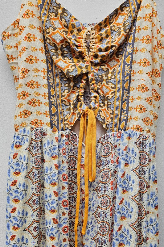 BORDER PRINT CUT OUT MAXI DRESS - CREAM MULTI