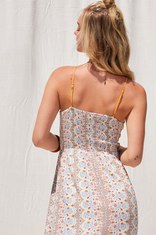 BORDER PRINT CUT OUT MAXI DRESS - CREAM MULTI