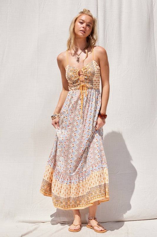 BORDER PRINT CUT OUT MAXI DRESS - CREAM MULTI