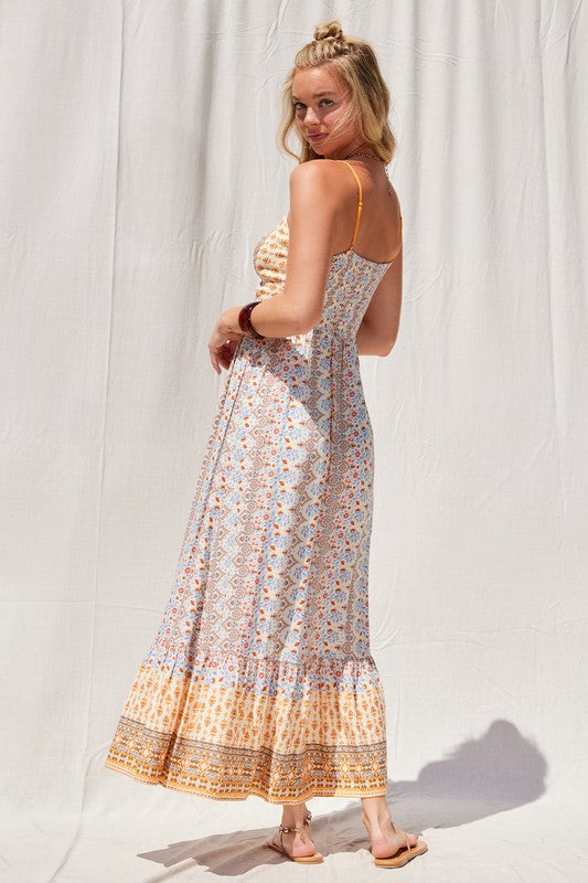BORDER PRINT CUT OUT MAXI DRESS - CREAM MULTI