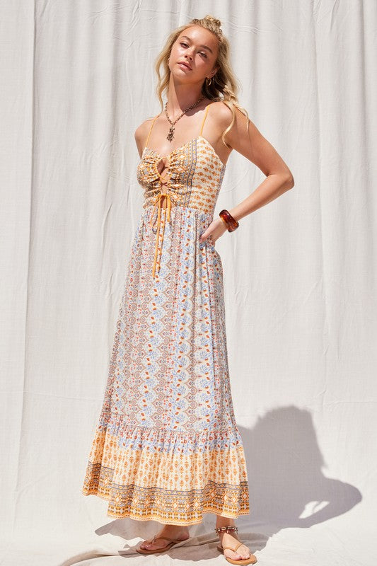 BORDER PRINT CUT OUT MAXI DRESS - CREAM MULTI