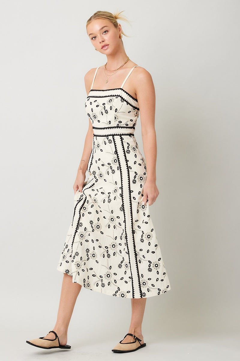 EMBROIDERED FLORAL MIDI DRESS - NATURAL/BLACK
