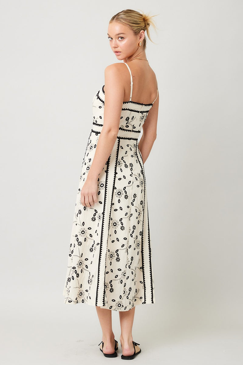 EMBROIDERED FLORAL MIDI DRESS - NATURAL/BLACK