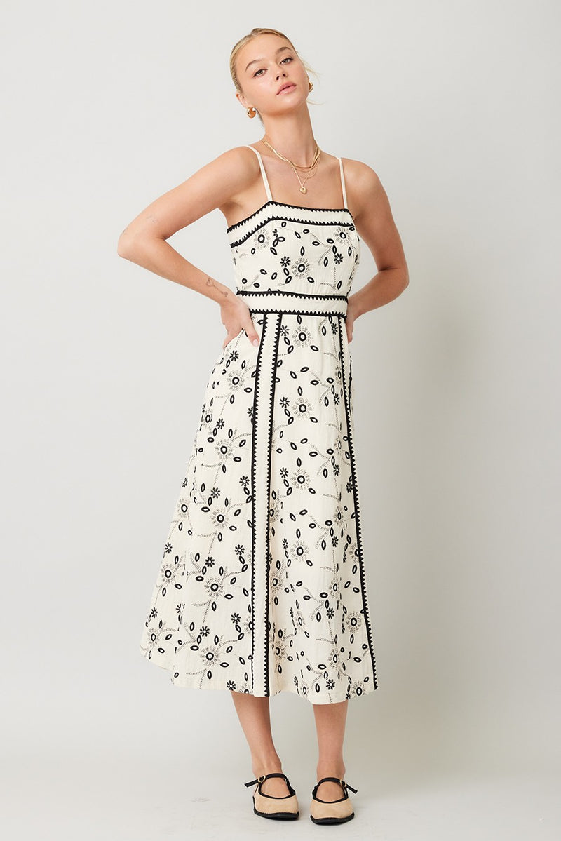 EMBROIDERED FLORAL MIDI DRESS - NATURAL/BLACK
