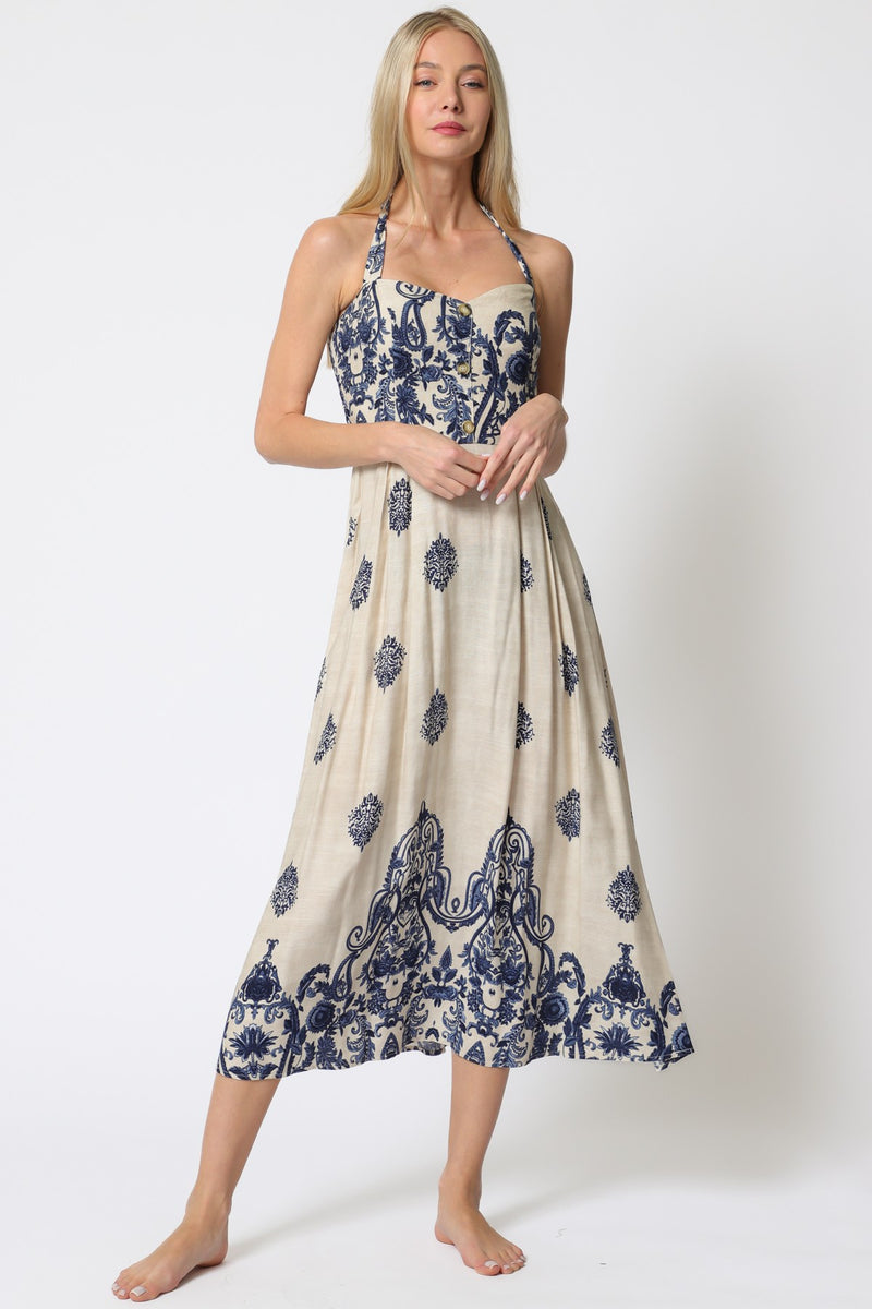 HALTER STYLE MIDI DRESS - OATMEAL/NAVY