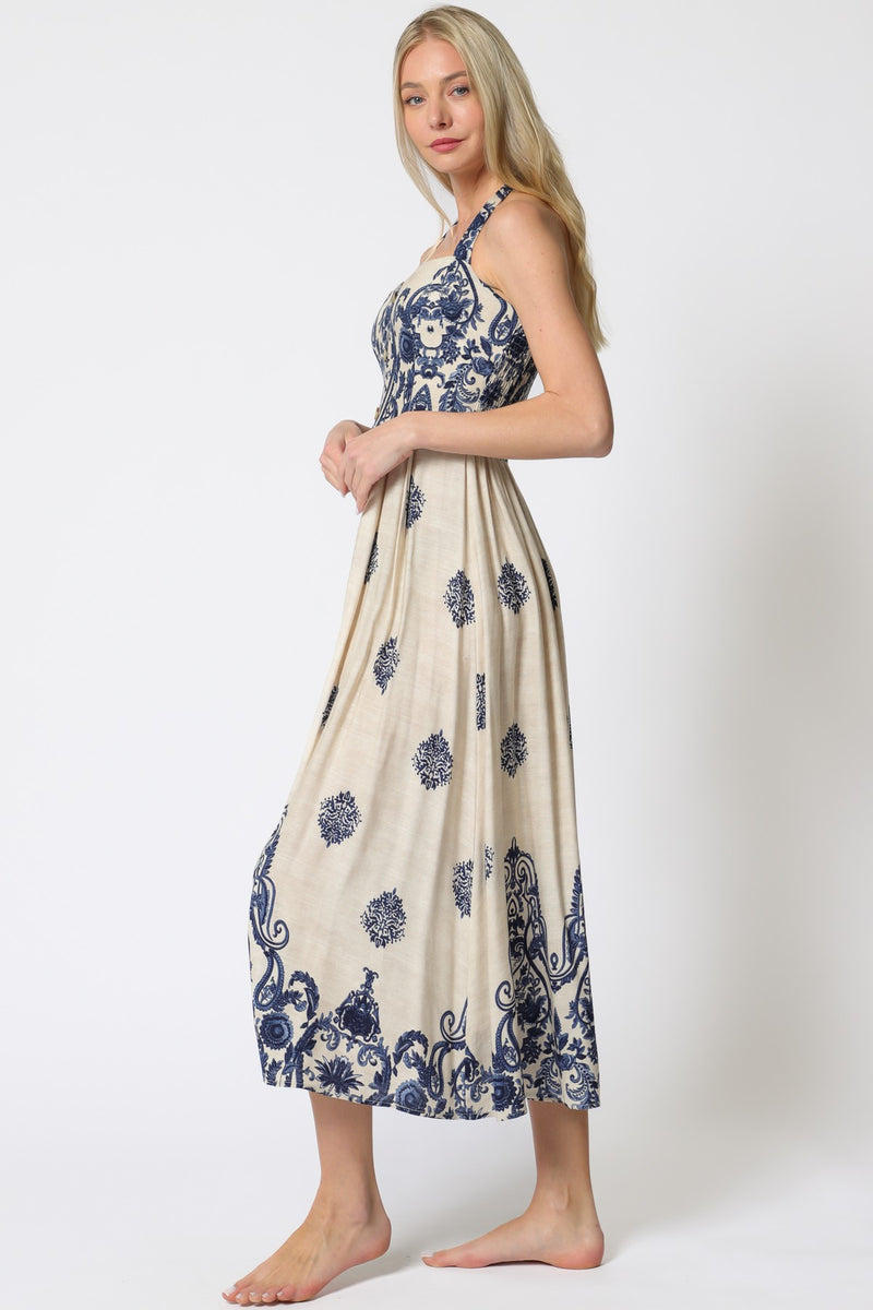 HALTER STYLE MIDI DRESS - OATMEAL/NAVY
