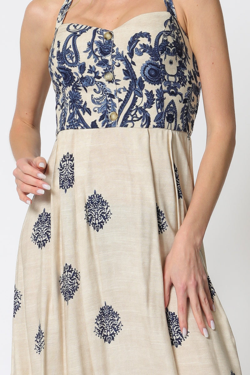 HALTER STYLE MIDI DRESS - OATMEAL/NAVY
