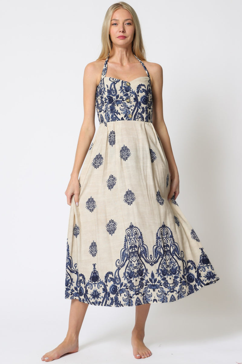 HALTER STYLE MIDI DRESS - OATMEAL/NAVY