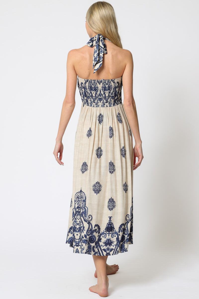 HALTER STYLE MIDI DRESS - OATMEAL/NAVY
