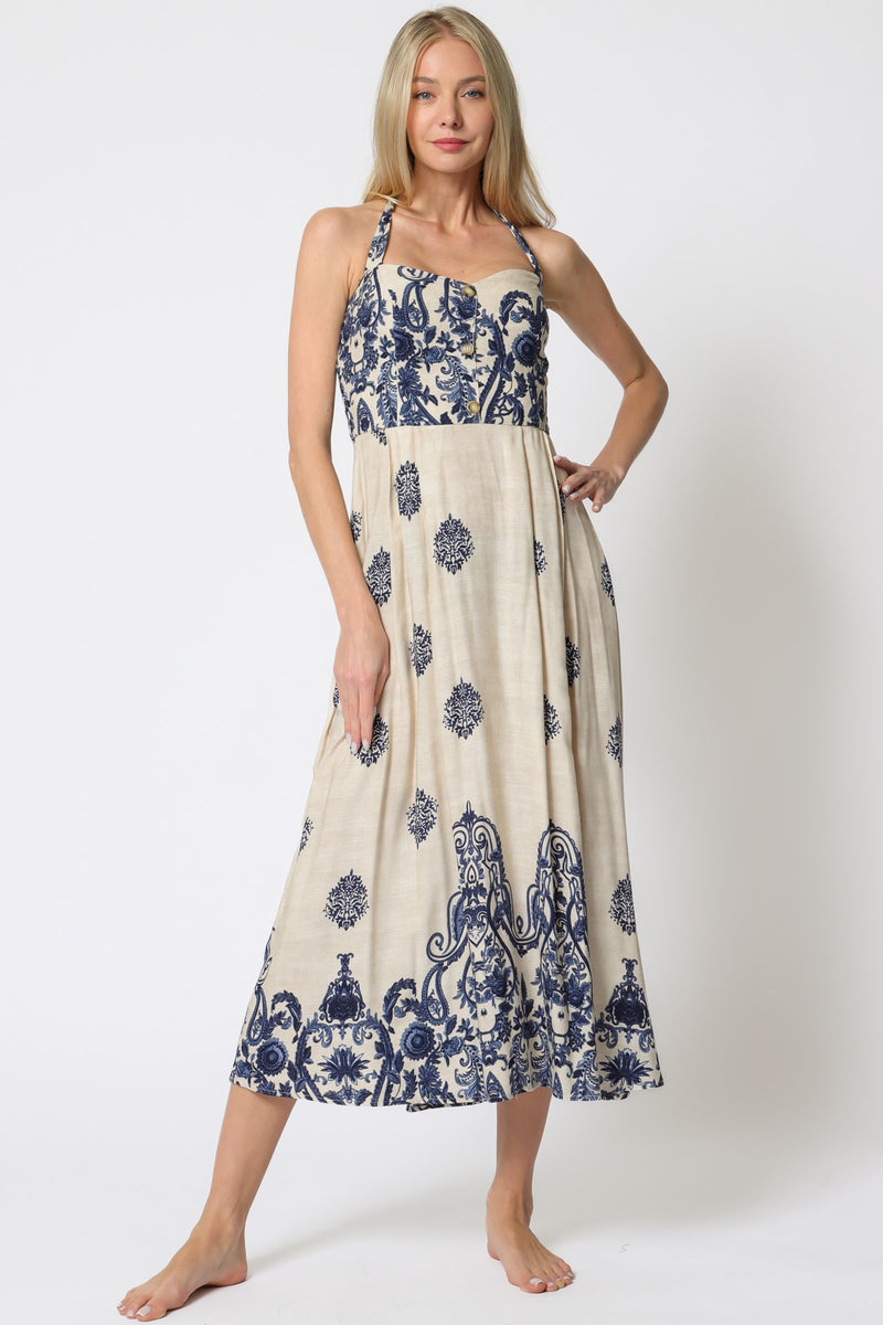HALTER STYLE MIDI DRESS - OATMEAL/NAVY