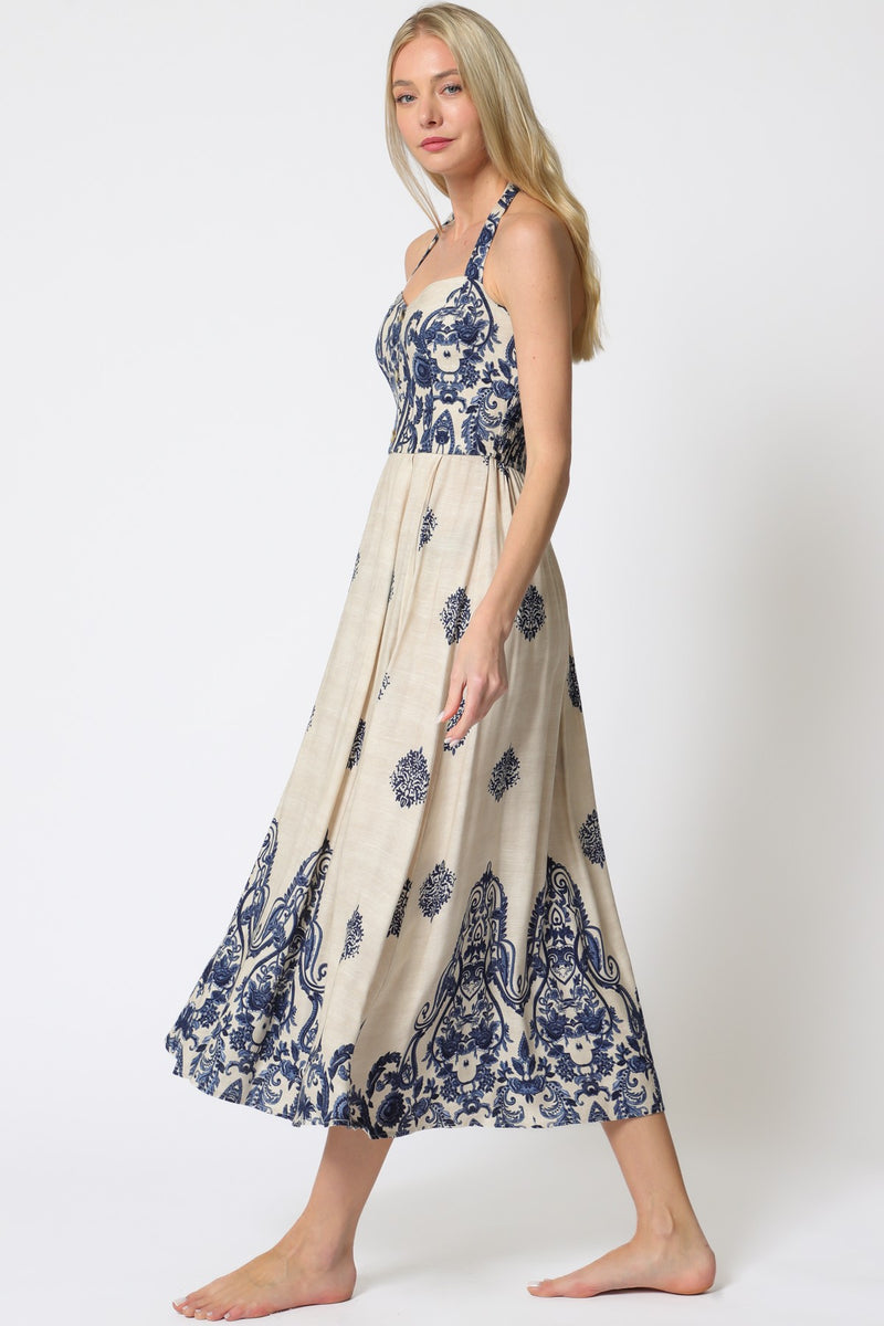 HALTER STYLE MIDI DRESS - OATMEAL/NAVY