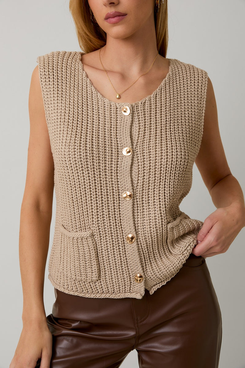 BUTTON DOWN CHUNKY SWEATER VEST - TAUPE