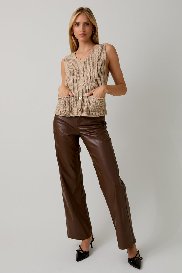BUTTON DOWN CHUNKY SWEATER VEST - TAUPE
