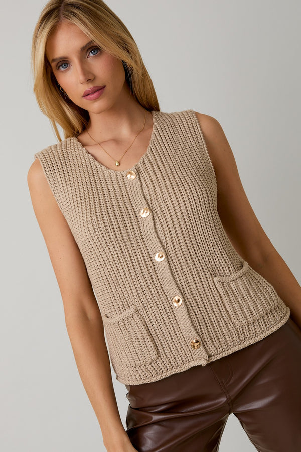 BUTTON DOWN CHUNKY SWEATER VEST - TAUPE