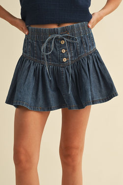 PINTUCK FLARED DENIM MINI SKIRT - DENIM