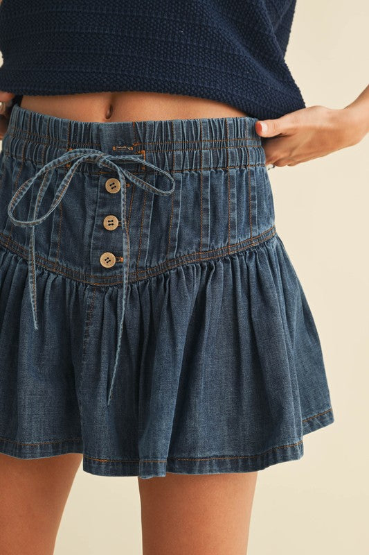 PINTUCK FLARED DENIM MINI SKIRT - DENIM