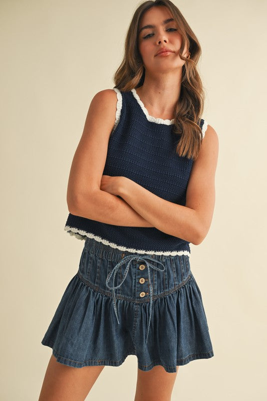 PINTUCK FLARED DENIM MINI SKIRT - DENIM